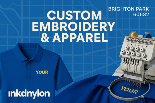 Photo-style design of a blue embroidered polo and embroidery machine over a Brighton Park 60632 map background promoting Inkdnylon apparel services