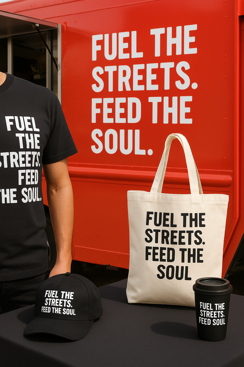 Food truck with branded merch including T-shirt, tote, and cup featuring the slogan "Fuel the Streets"