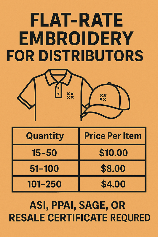 Flat-rate embroidery pricing chart for distributors showing tiered rates for left chest and cap logos, with polo and cap icons and verification requirements.