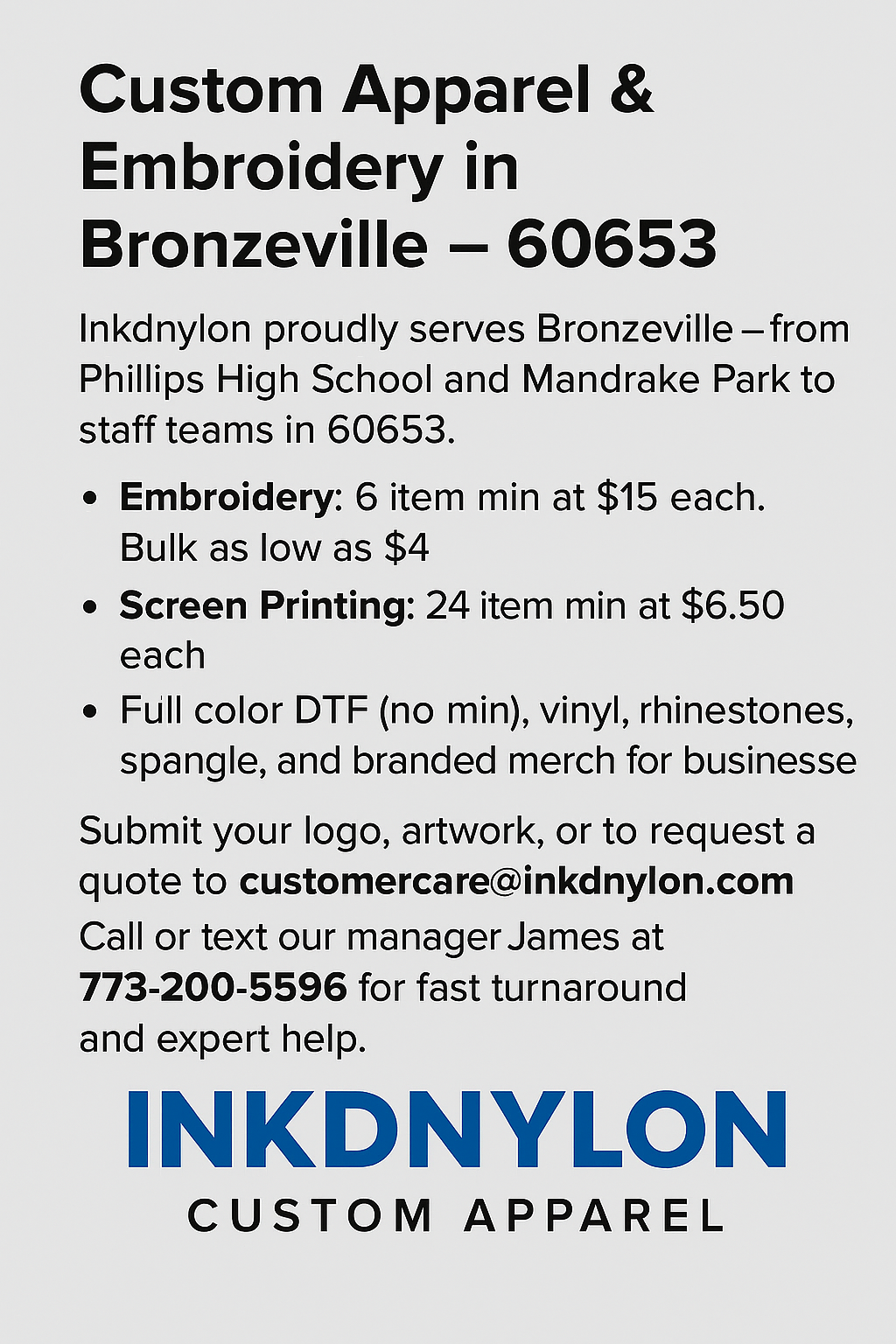 Flyer promoting Inkdnylon Custom Apparel's screen printing and vinyl services in Bronzeville Chicago with flat rates and same-day turnaround
