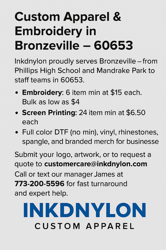 Flyer promoting Inkdnylon Custom Apparel's screen printing and vinyl services in Bronzeville Chicago with flat rates and same-day turnaround