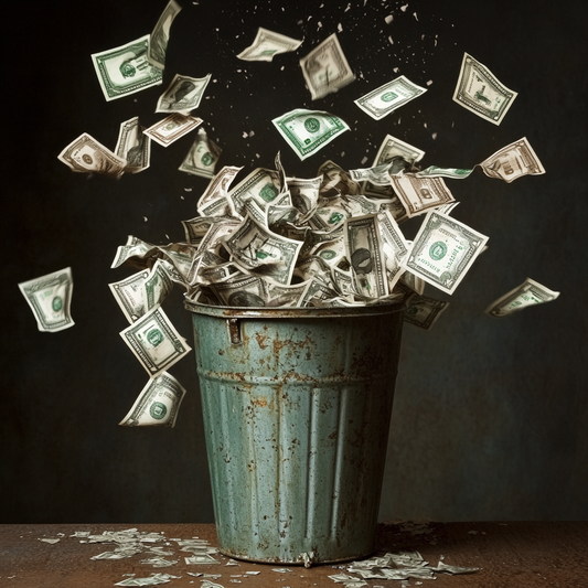 Wasted ad spend concept — cash exploding from a trash can, symbolizing how paid ads often burn money with no return