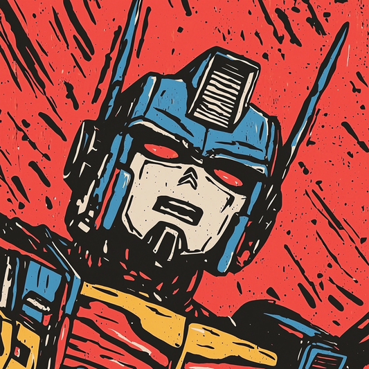 Bold comic-style robot illustration with red, blue, and yellow armor—capturing the retro-meets-futuristic energy perfect for custom prints and streetwear designs by Inkdnylon Custom Apparel.
